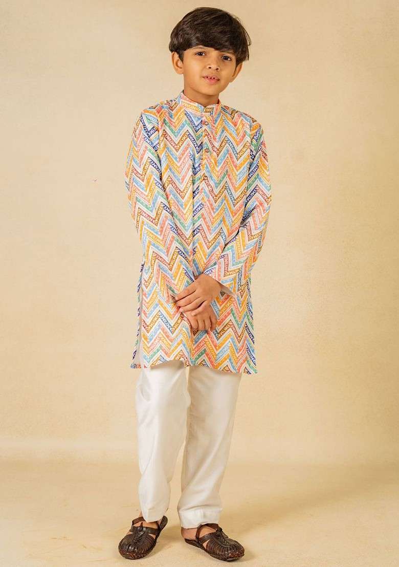 White Printed Blended Kurta Set For Boys - Indya