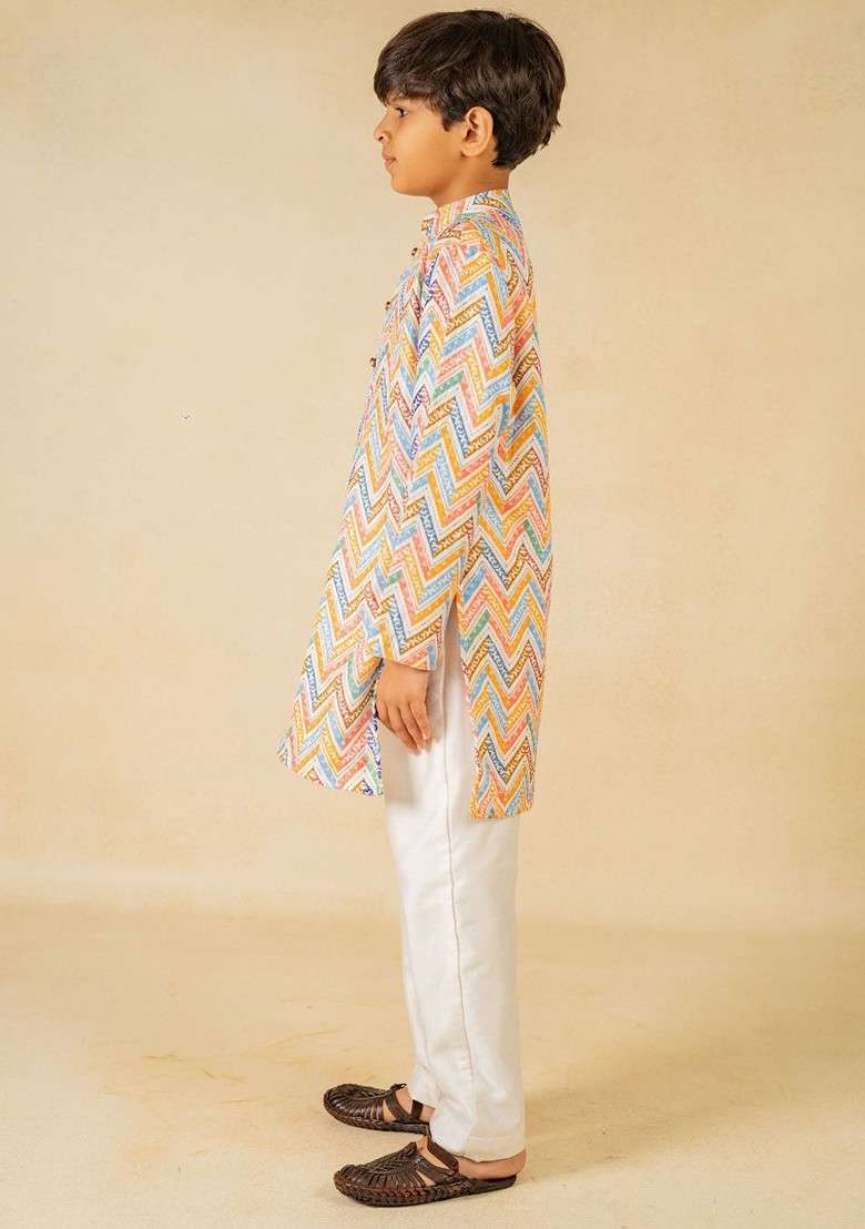 White Printed Blended Kurta Set For Boys - Indya