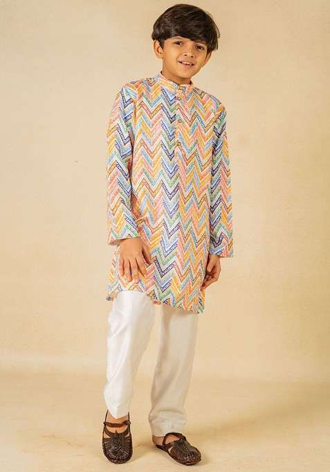 White Printed Blended Kurta Set For Boys