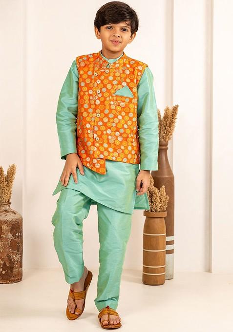 Green Solid Blended Nehru Jacket Set For Boys — view on Indya