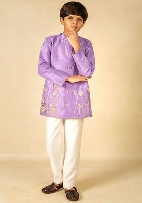 Purple Embroidered Blended Kurta Set For Boys