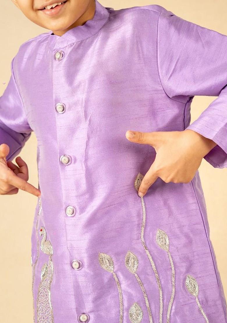 Purple Embroidered Blended Kurta Set For Boys - Indya