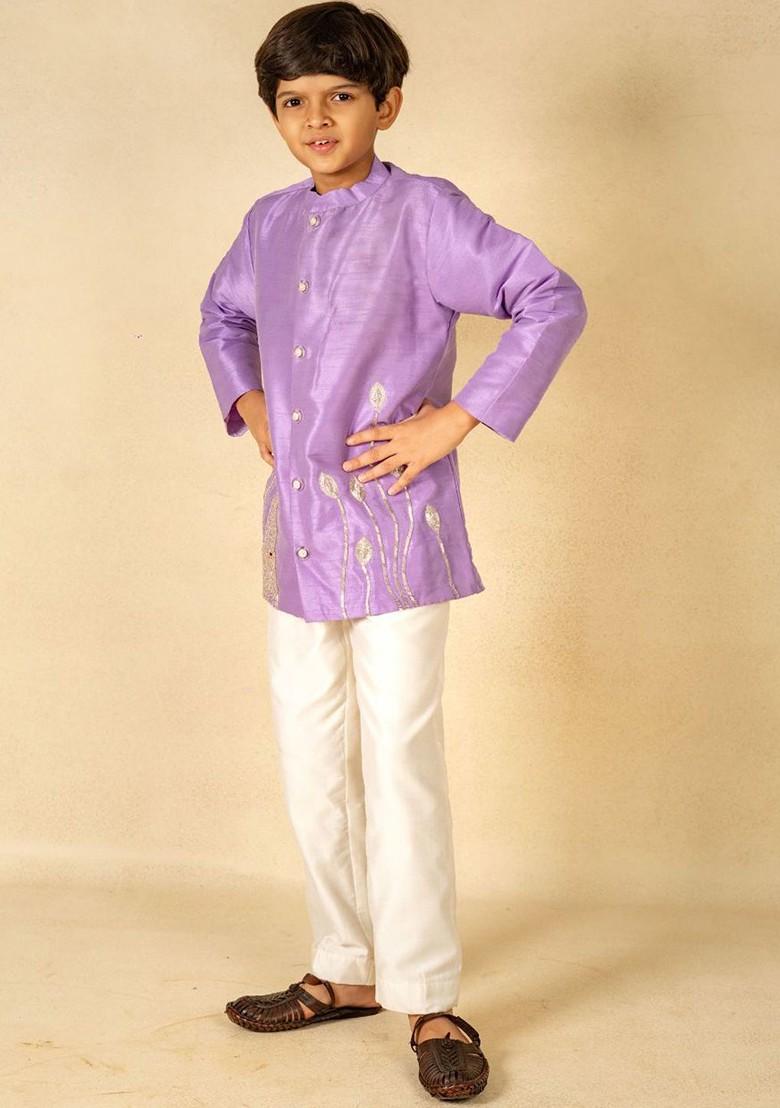 Purple Embroidered Blended Kurta Set For Boys - Indya