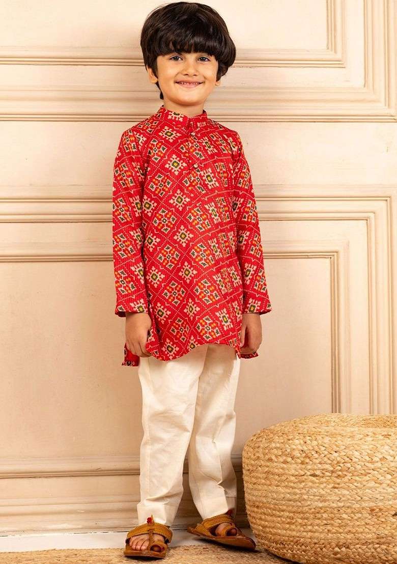 Red Printed Blended Kurta Set For Boys - Indya