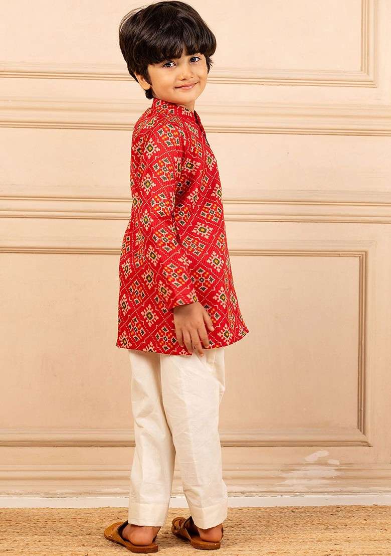 Red Printed Blended Kurta Set For Boys - Indya