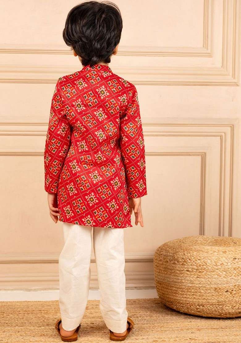 Red Printed Blended Kurta Set For Boys - Indya