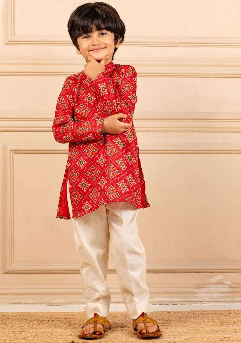 Red Printed Blended Kurta Set For Boys - Indya