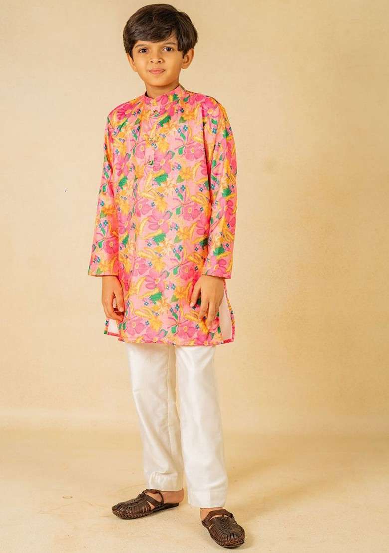 Pink Printed Blended Kurta Set For Boys - Indya