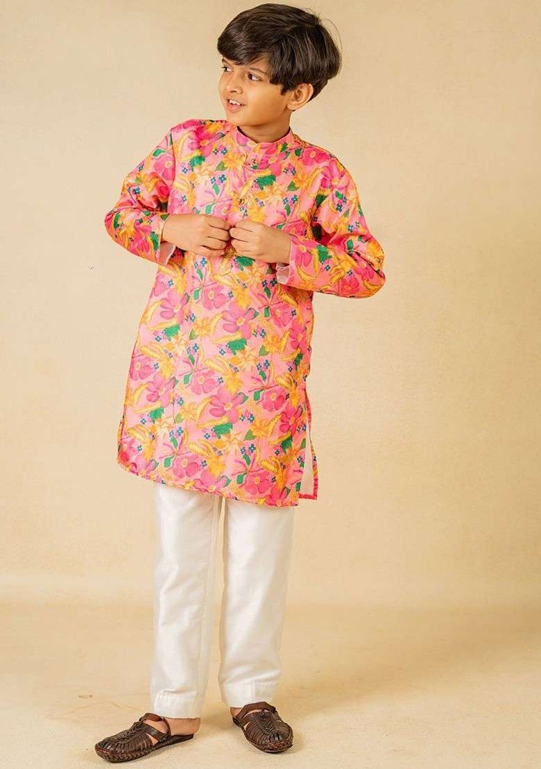 Pink Printed Blended Kurta Set For Boys - Indya