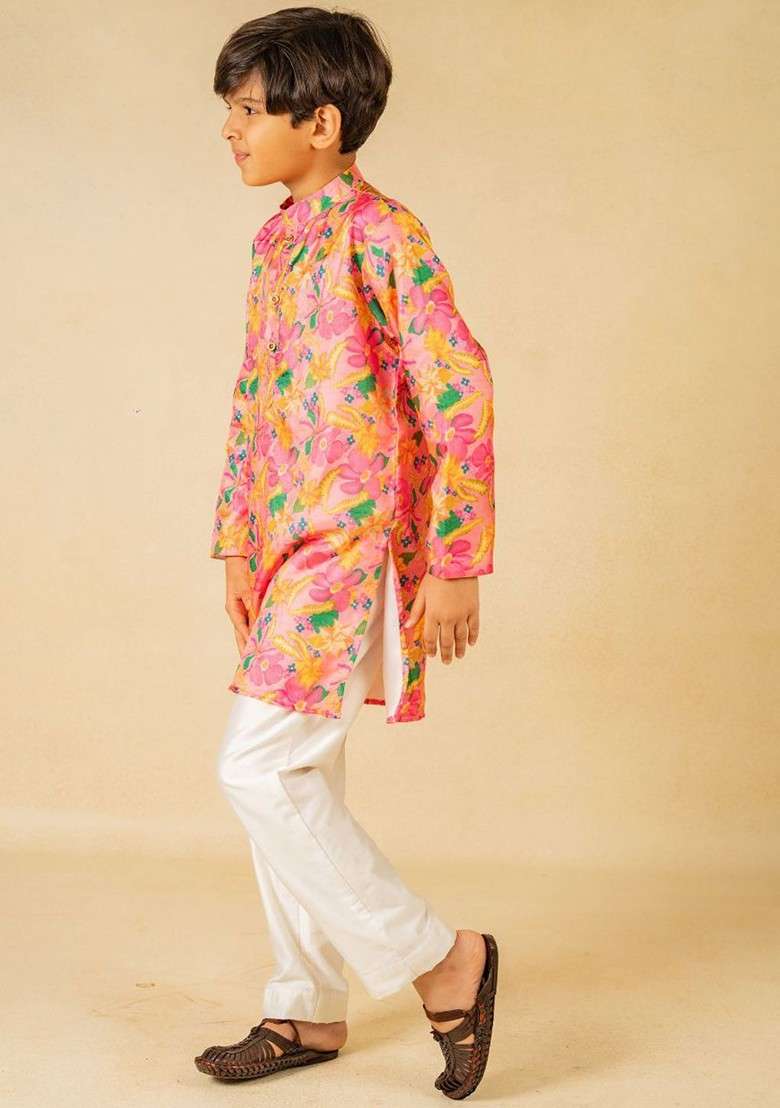 Pink Printed Blended Kurta Set For Boys - Indya