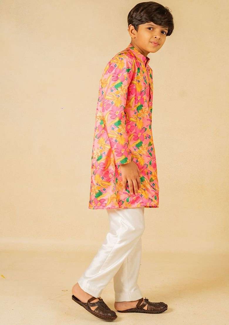 Pink Printed Blended Kurta Set For Boys - Indya
