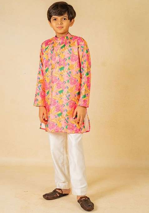 Pink Printed Blended Kurta Set For Boys