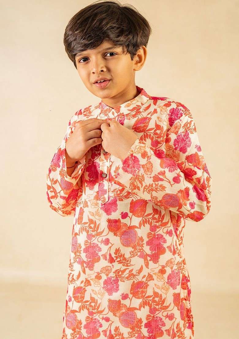Pink Printed Blended Kurta Set For Boys - Indya