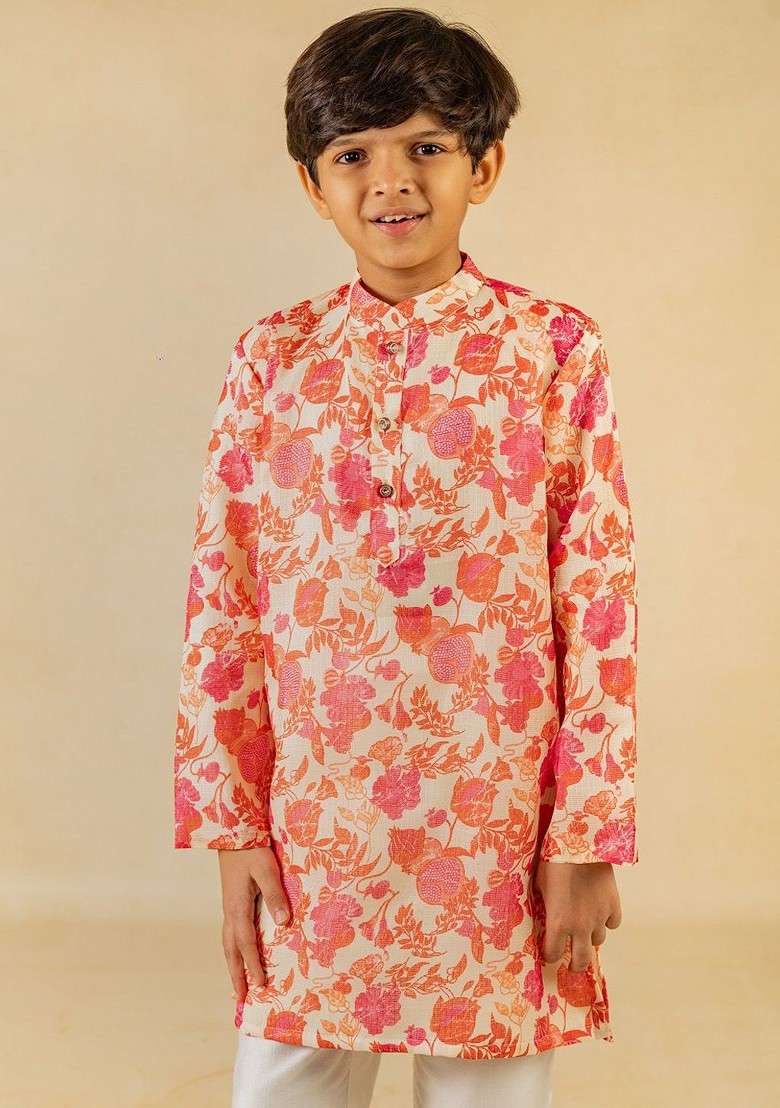 Pink Printed Blended Kurta Set For Boys - Indya