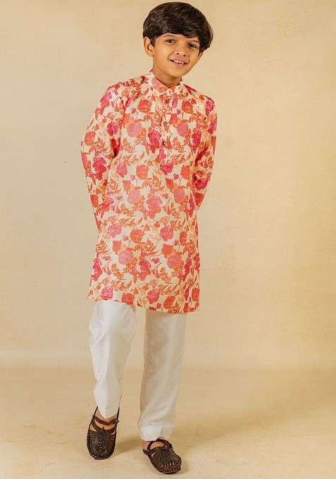 Pink Printed Blended Kurta Set For Boys