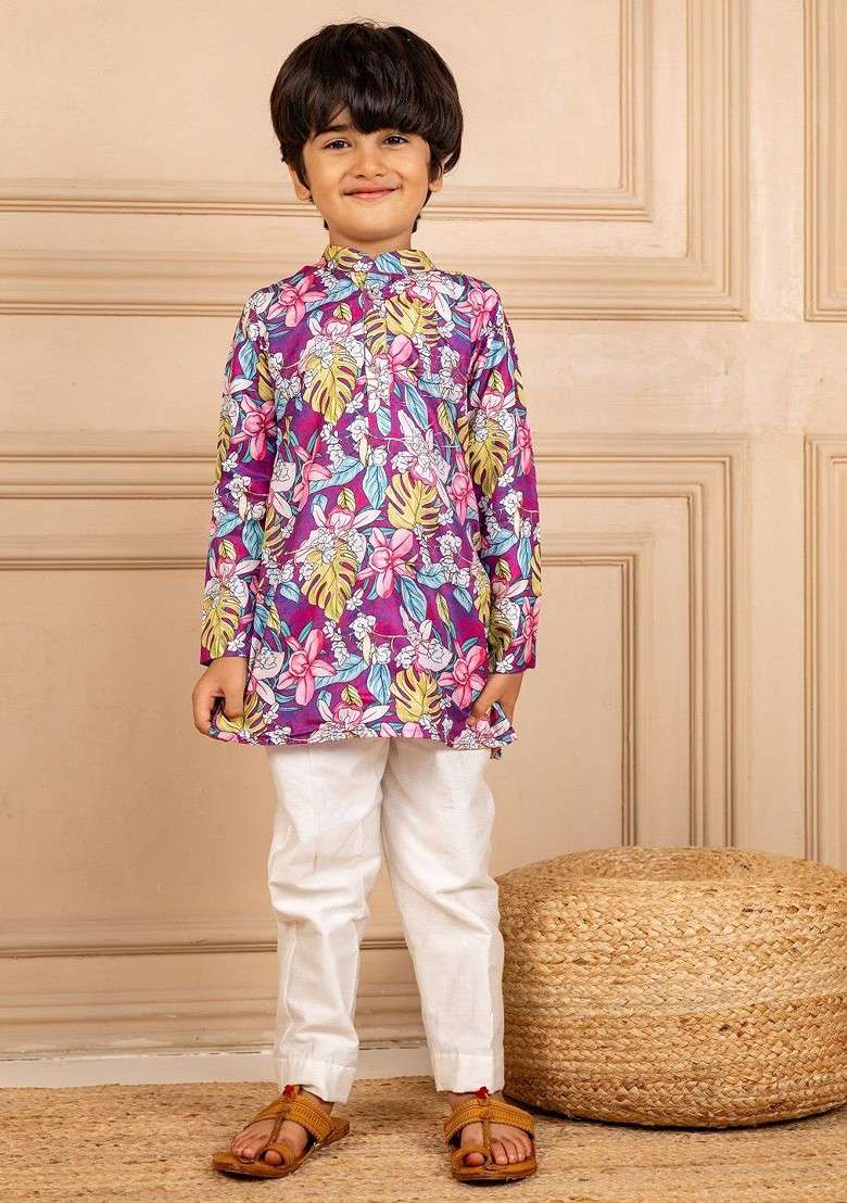 Purple Printed Blended Kurta Set For Boys - Indya