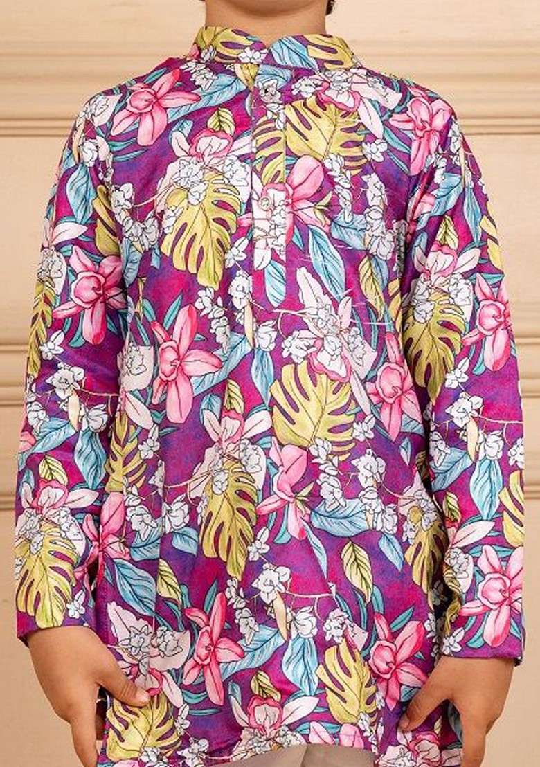 Purple Printed Blended Kurta Set For Boys - Indya