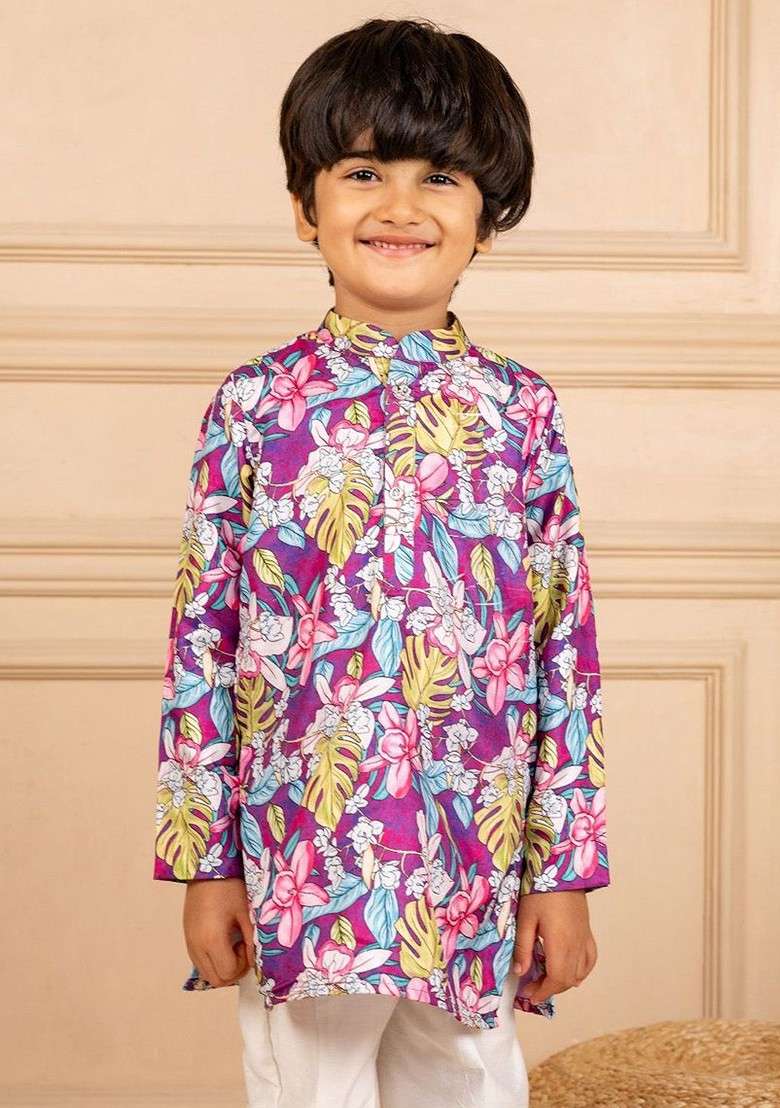 Purple Printed Blended Kurta Set For Boys - Indya