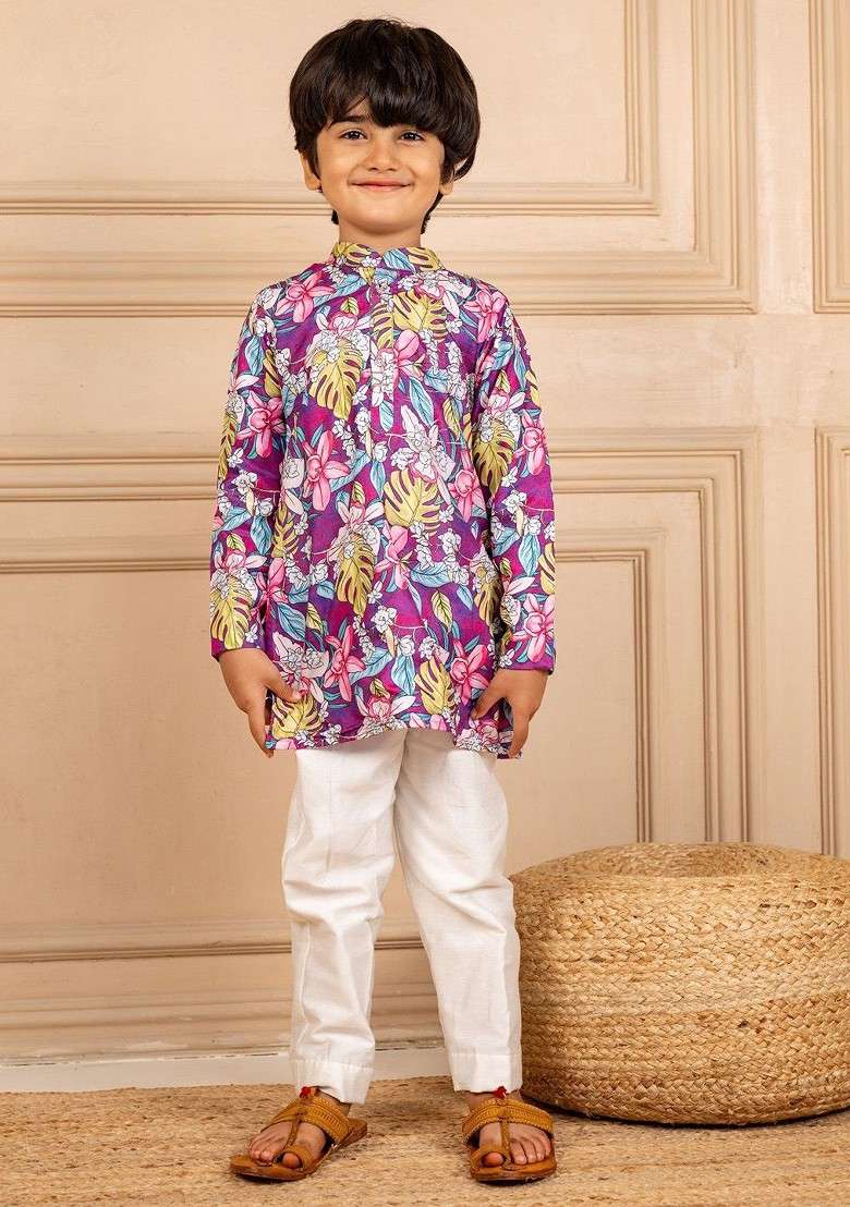 Purple Printed Blended Kurta Set For Boys - Indya