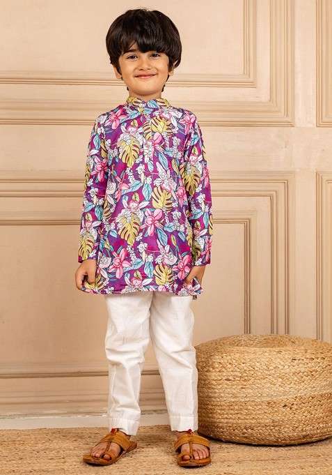Purple Printed Blended Kurta Set For Boys