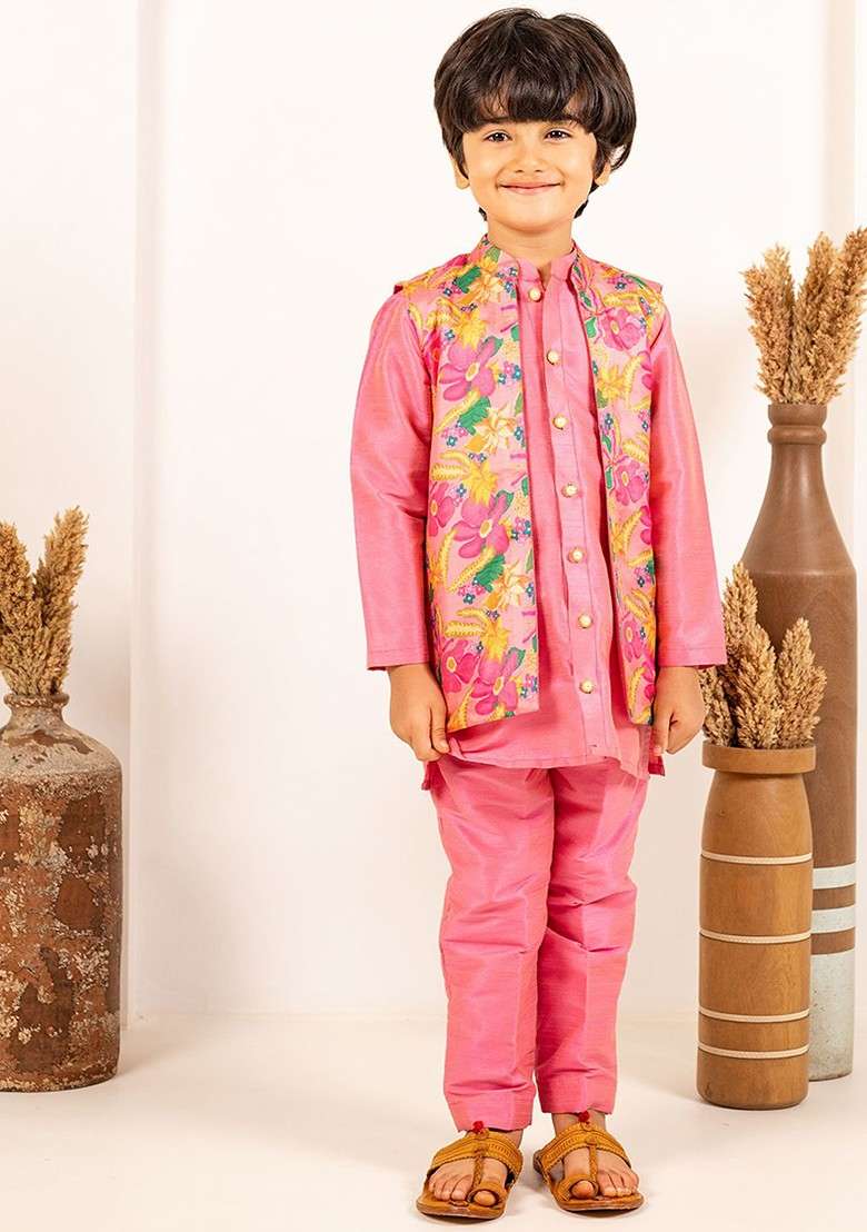Pink Embroidered Blended Kurta Set For Boys - Indya