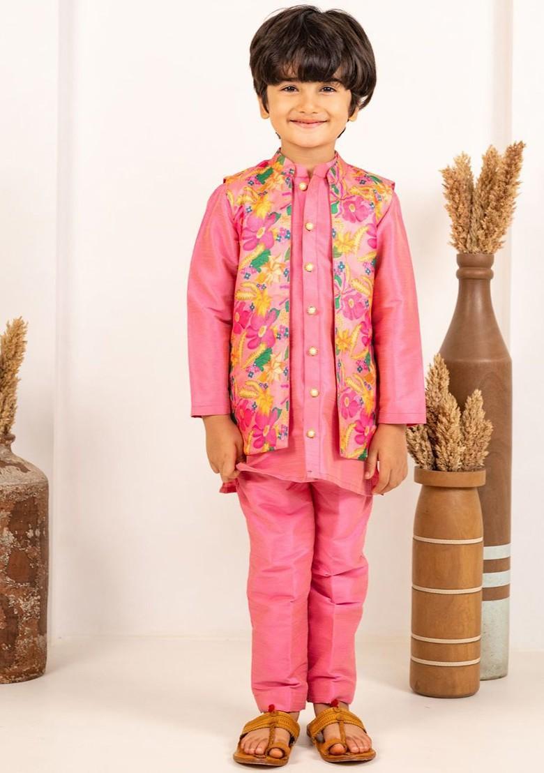 Pink Embroidered Blended Kurta Set For Boys - Indya