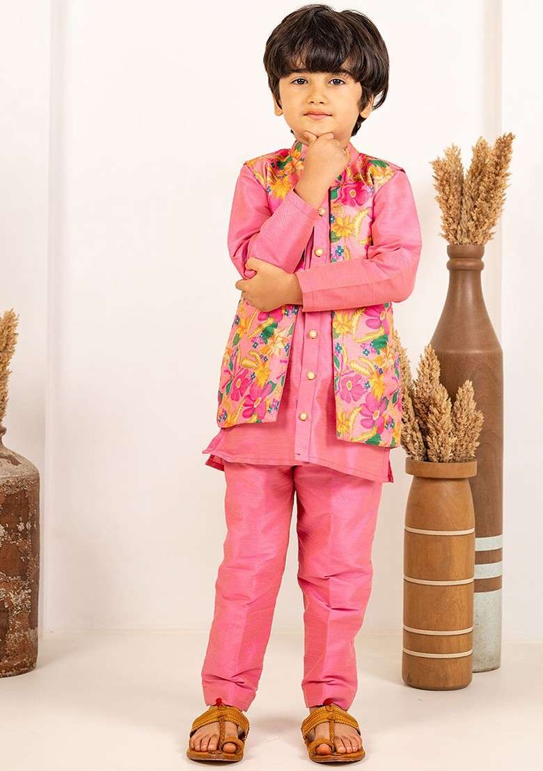 Pink Embroidered Blended Kurta Set For Boys - Indya