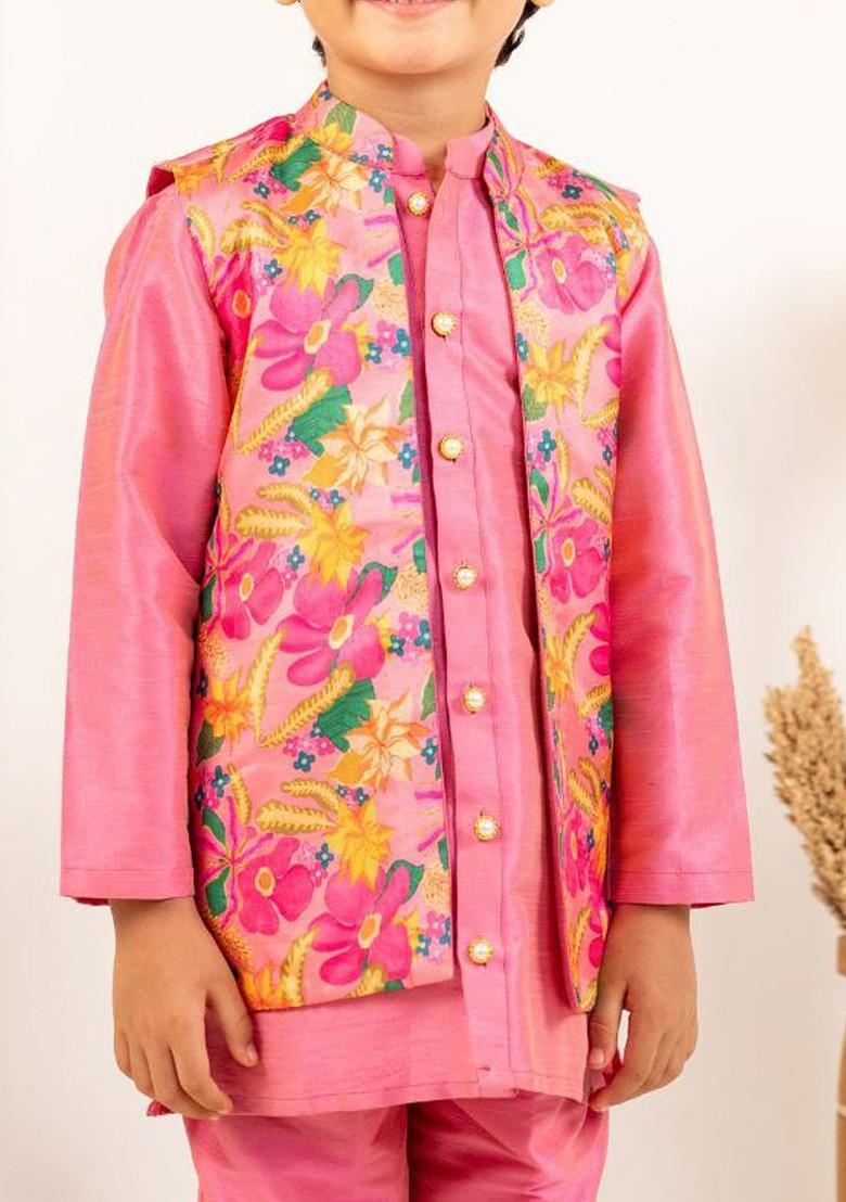 Pink Embroidered Blended Kurta Set For Boys - Indya