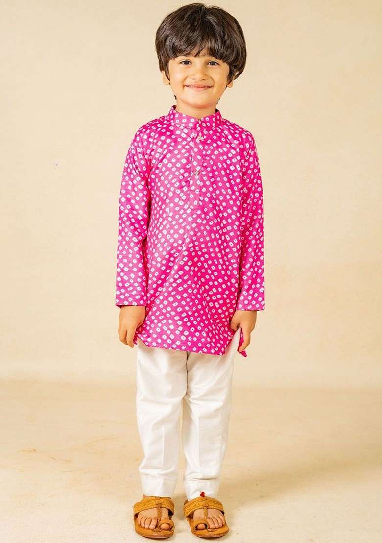 Pink Printed Blended Kurta Set For Boys - Indya