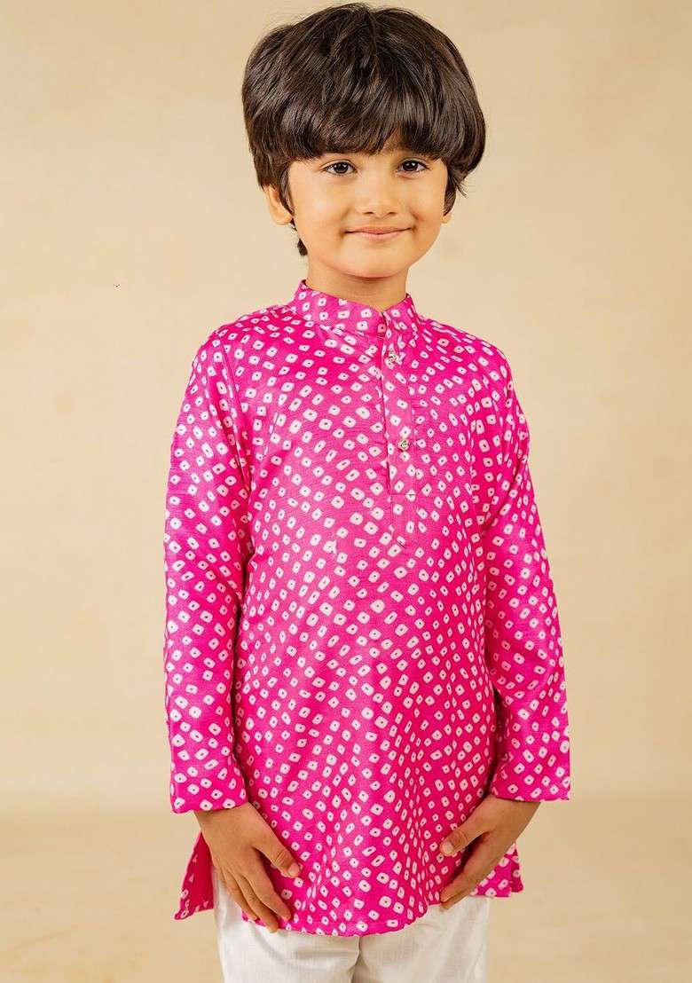 Pink Printed Blended Kurta Set For Boys - Indya