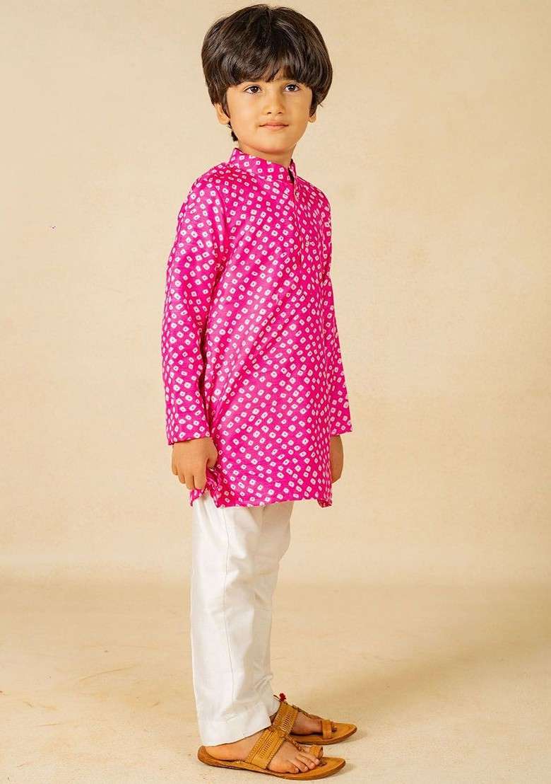 Pink Printed Blended Kurta Set For Boys - Indya