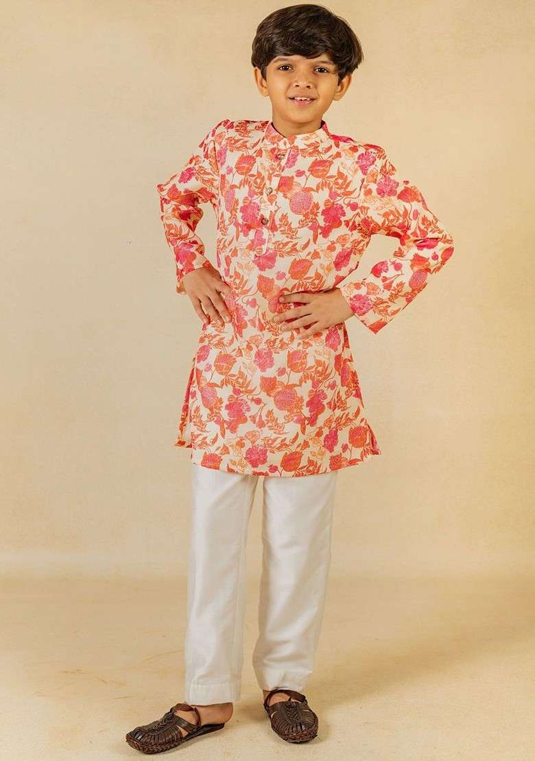 Pink Printed Blended Kurta Set For Boys - Indya