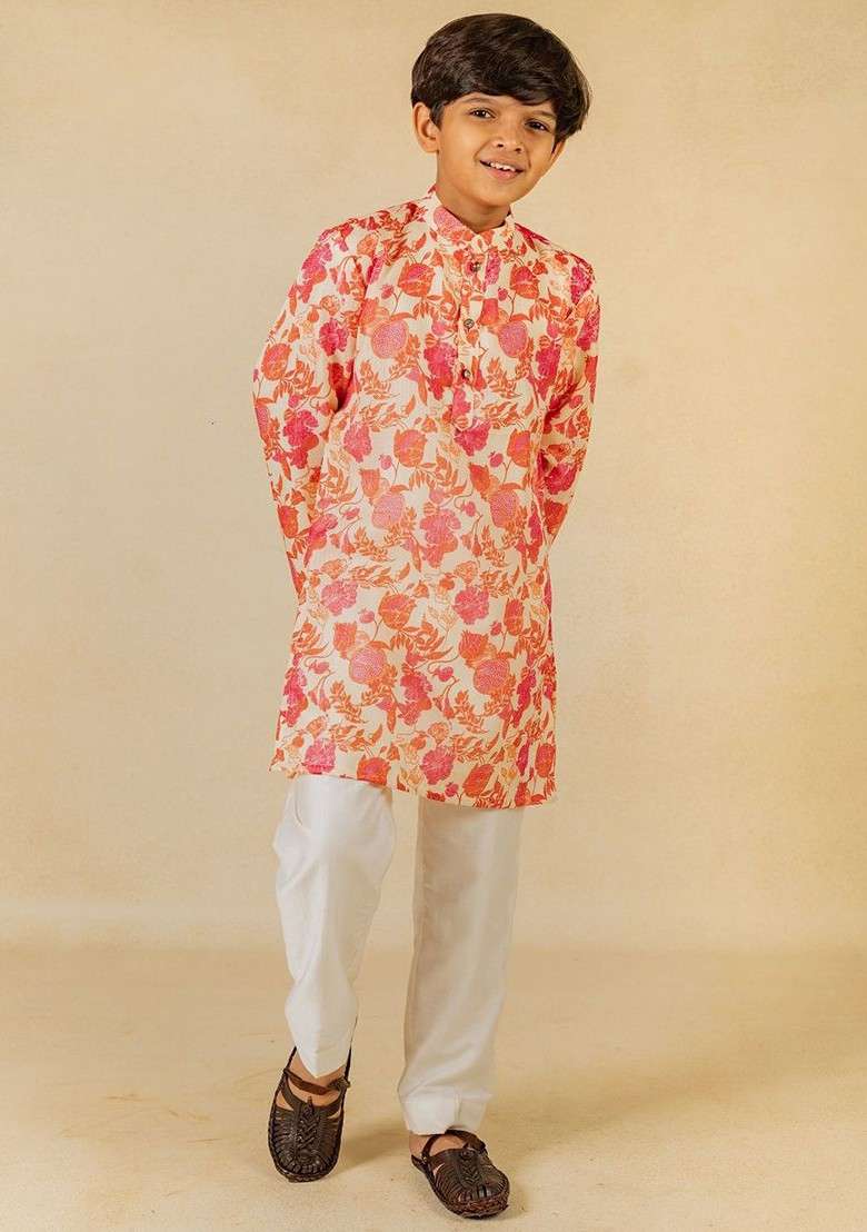Pink Printed Blended Kurta Set For Boys - Indya