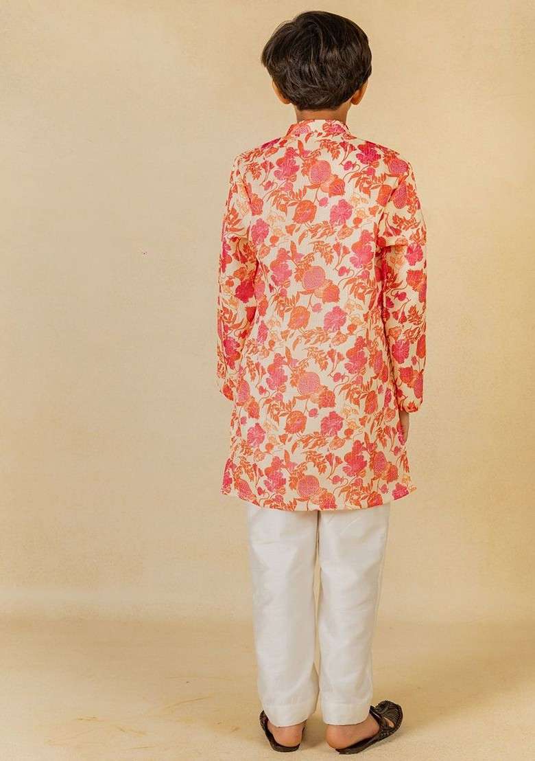 Pink Printed Blended Kurta Set For Boys - Indya
