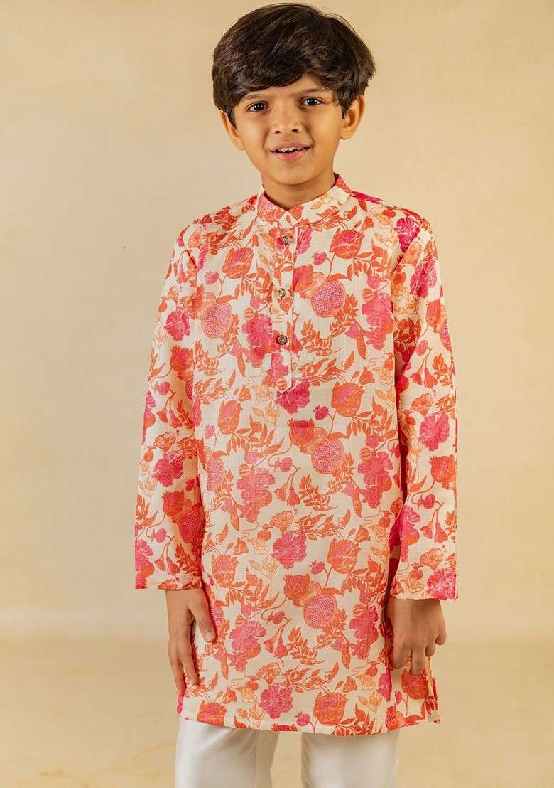 Pink Printed Blended Kurta Set For Boys - Indya