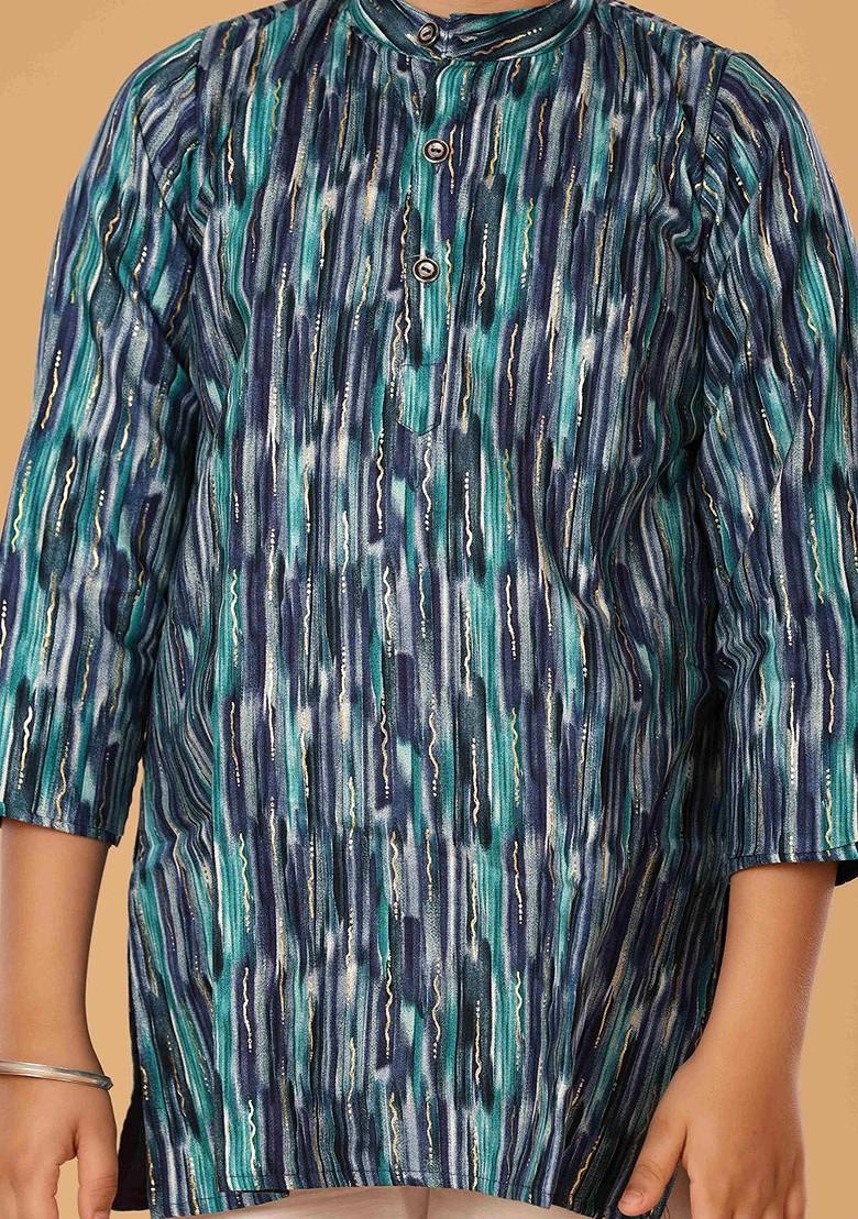 Blue Embroidered Blended Kurta Set For Boys - Indya