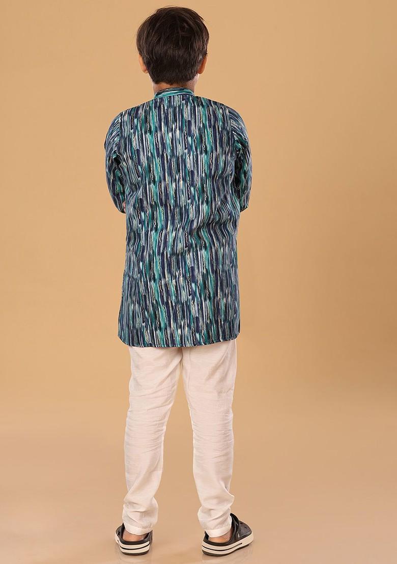 Blue Embroidered Blended Kurta Set For Boys - Indya