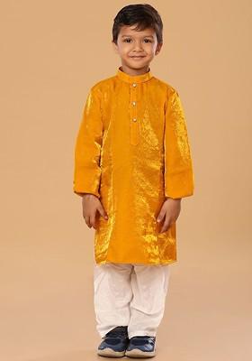 Mustard Embroidered Blended Kurta Set For Boys