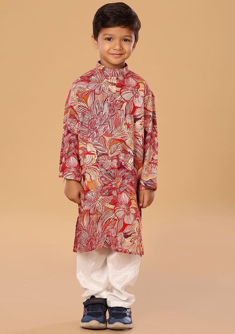 Red Floral Blended Kurta Set For Boys - Indya