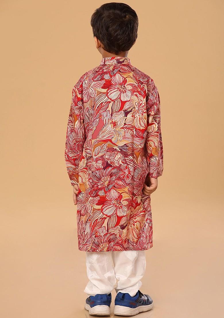 Red Floral Blended Kurta Set For Boys - Indya