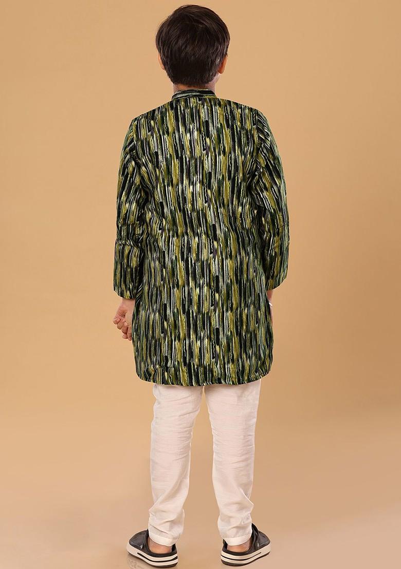 Green Embroidered Blended Kurta Set For Boys - Indya