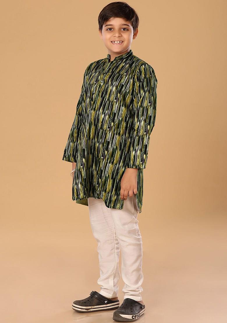 Green Embroidered Blended Kurta Set For Boys - Indya