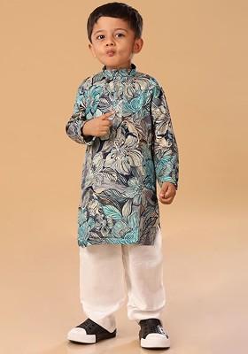 Blue Floral Blended Kurta Set For Boys