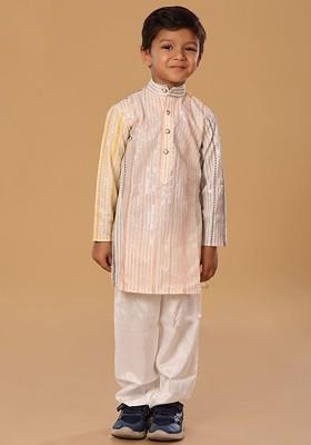 Peach Embroidered Blended Kurta Set For Boys