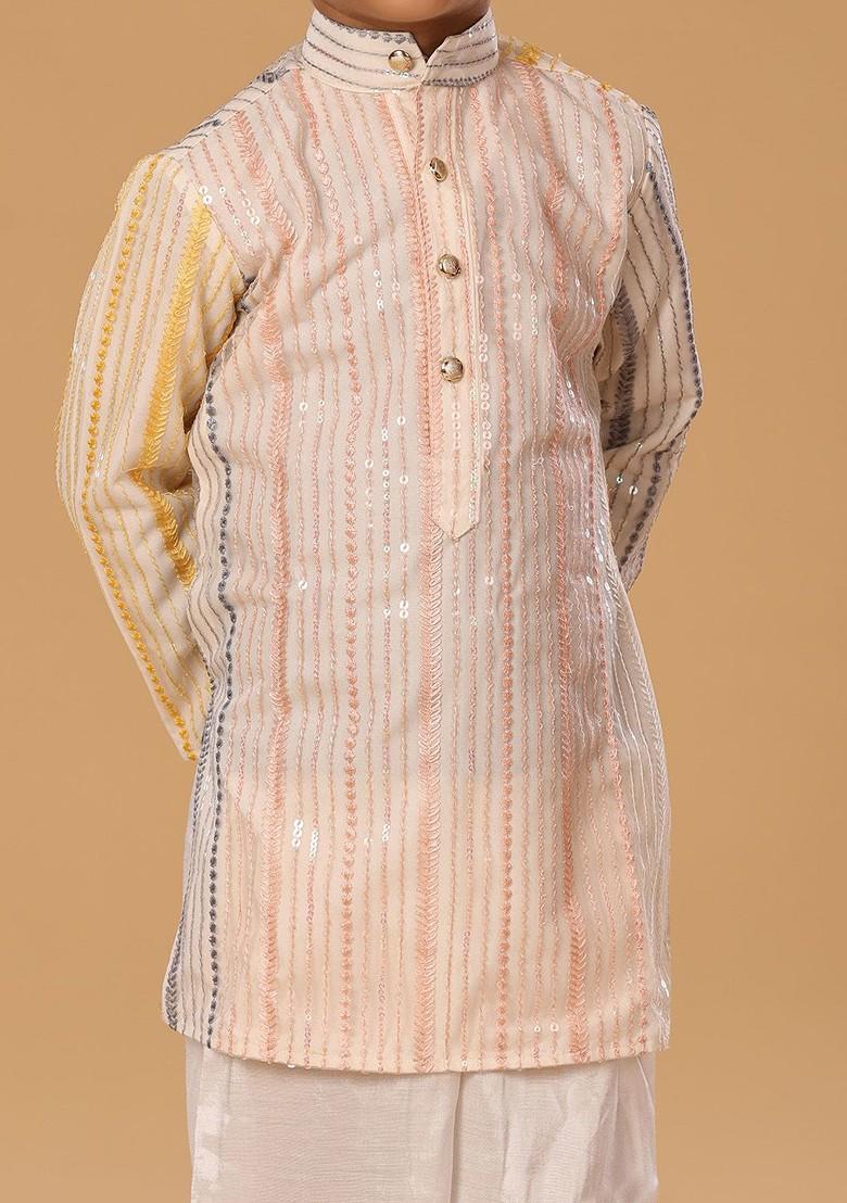 Peach Embroidered Blended Kurta Set For Boys - Indya