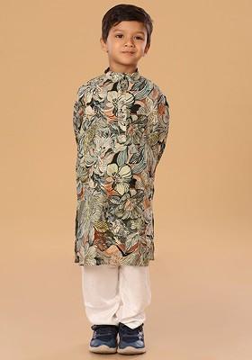 Green Floral Blended Kurta Set For Boys