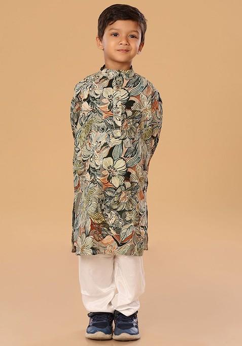 Green Floral Blended Kurta Set For Boys — view on Indya