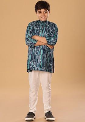 Blue Embroidered Blended Kurta Set For Boys