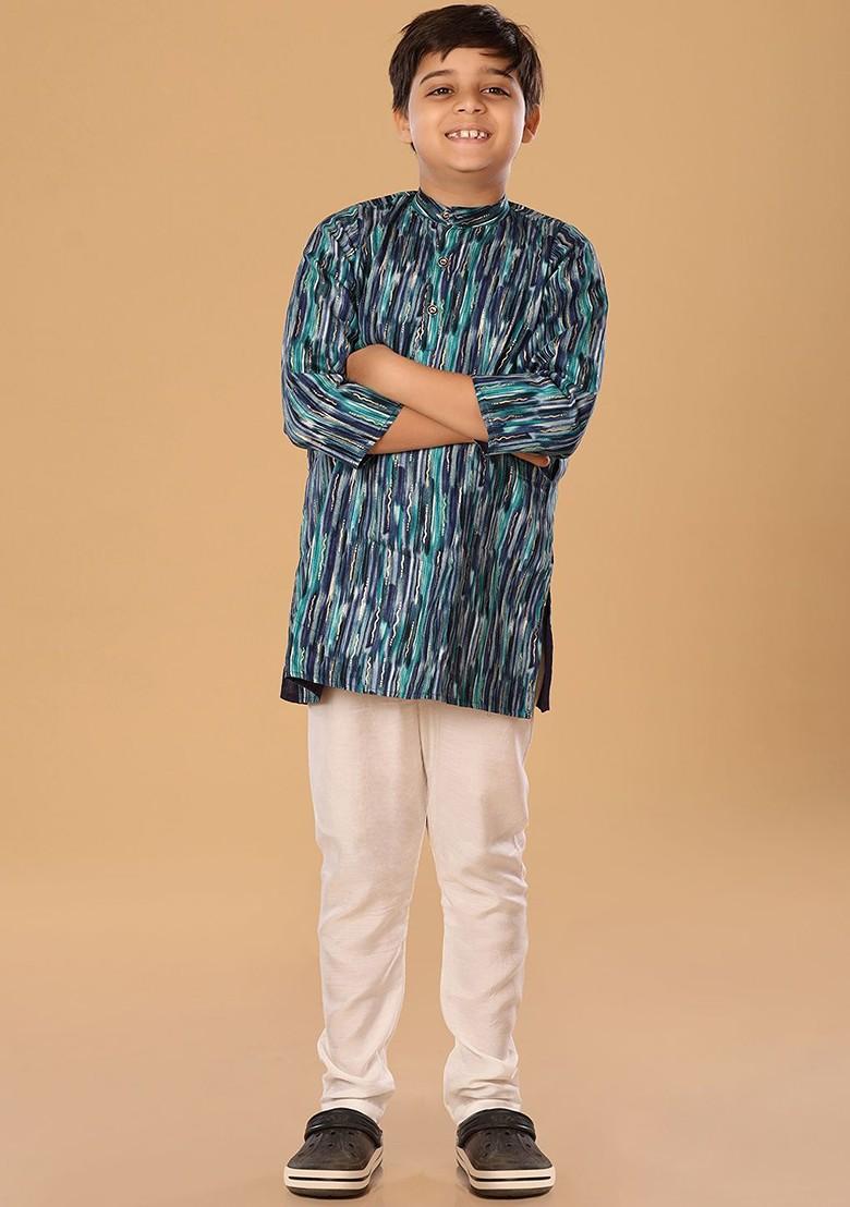 Blue Embroidered Blended Kurta Set For Boys - Indya