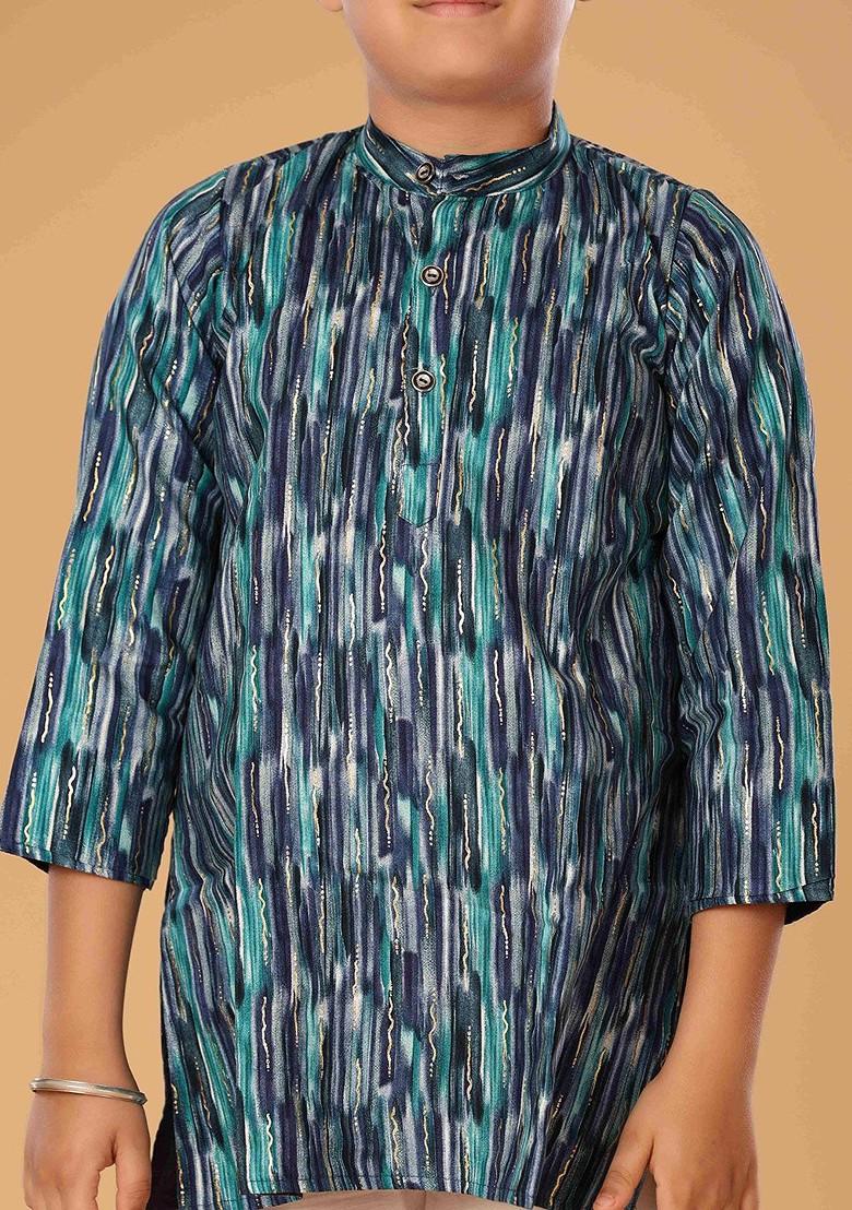 Blue Embroidered Blended Kurta Set For Boys - Indya